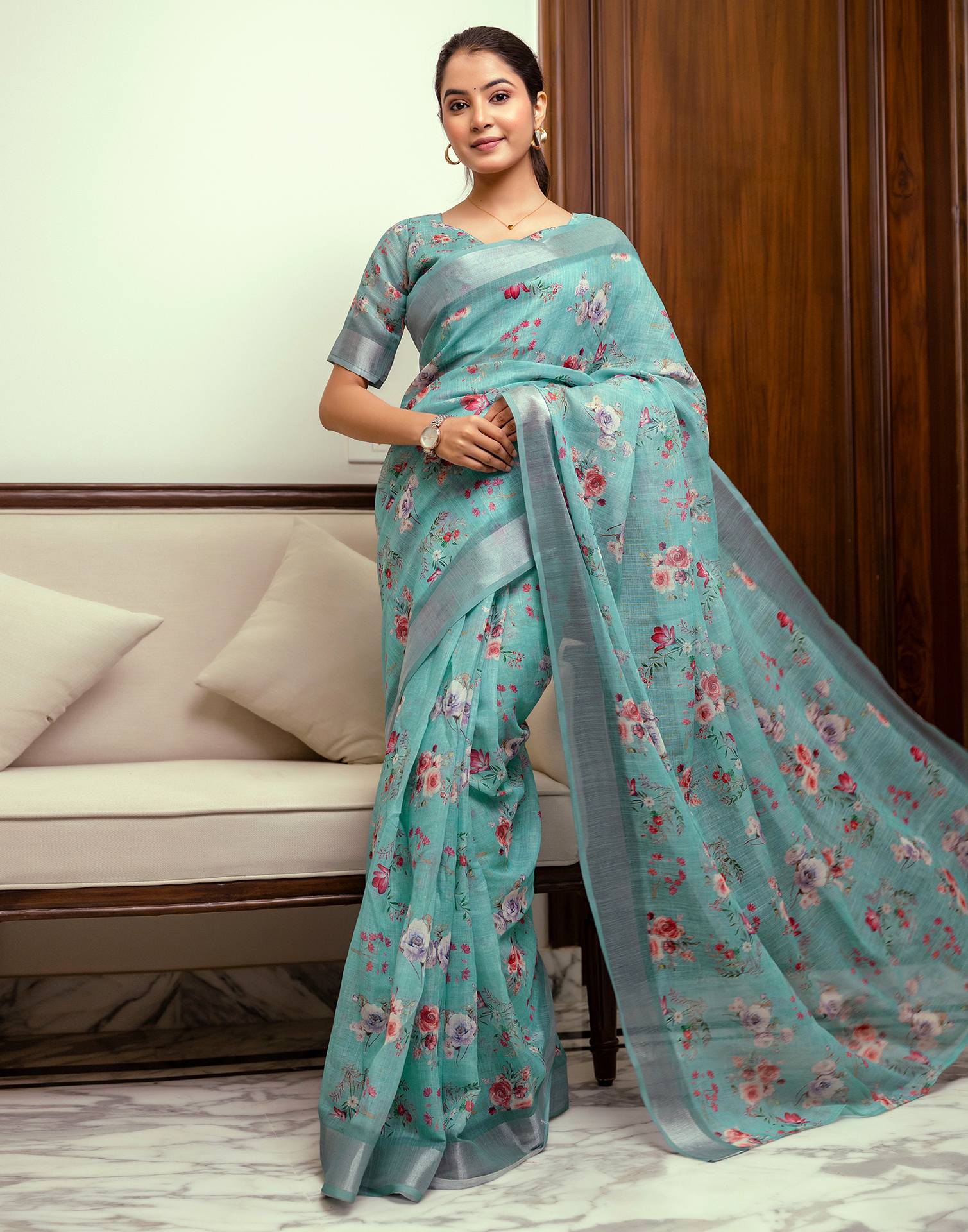 Ready To Wear Turquoise Linen Woven Border Floral Printed Saree