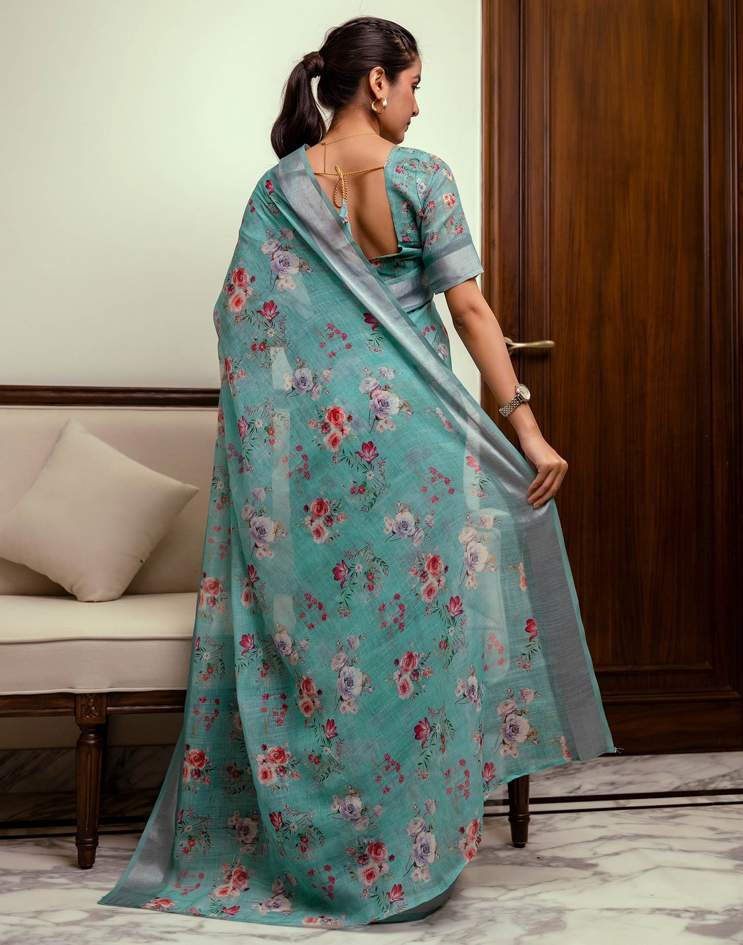 Ready To Wear Turquoise Linen Woven Border Floral Printed Saree