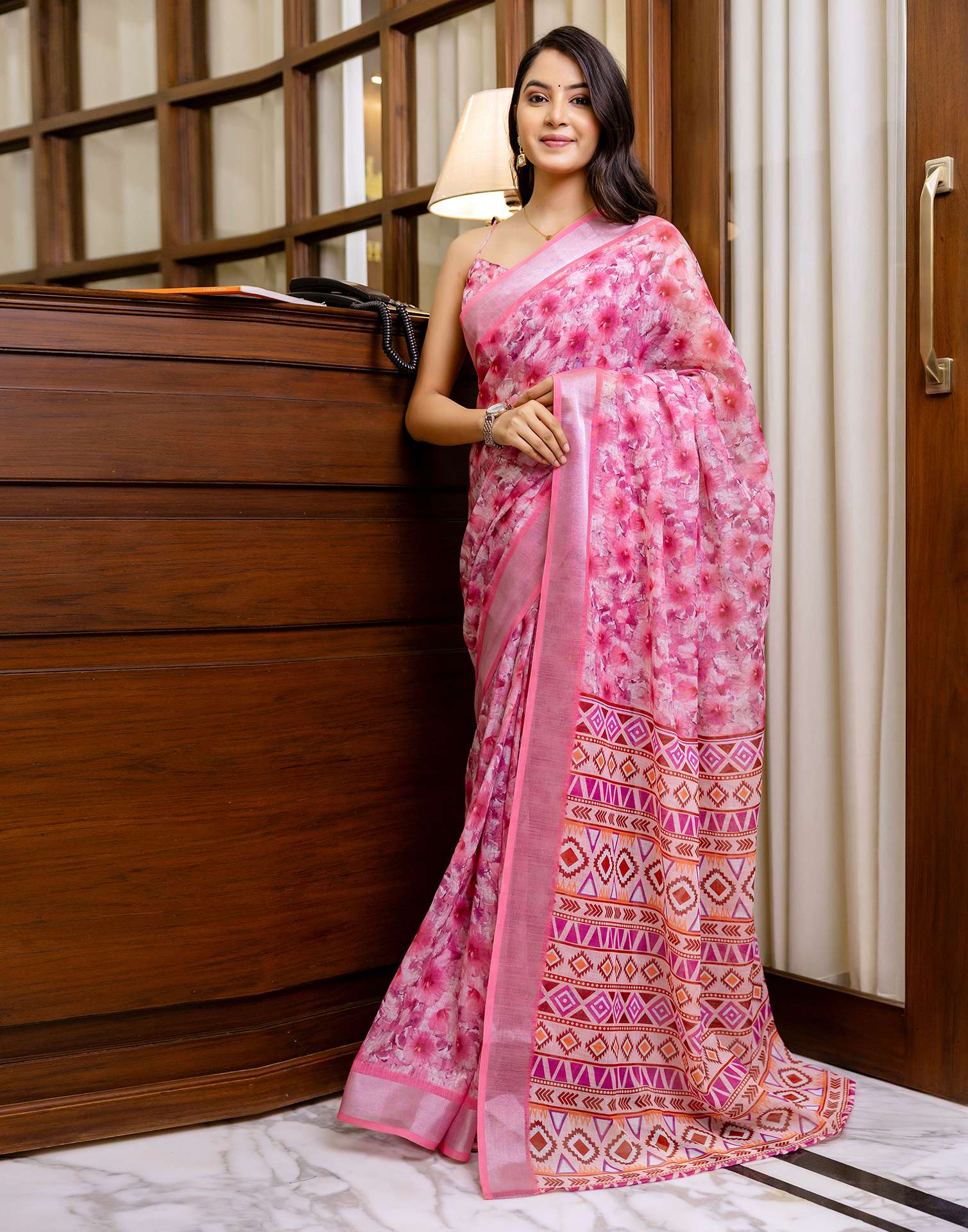 Ready To Wear Pink Linen Woven Border Printed Saree