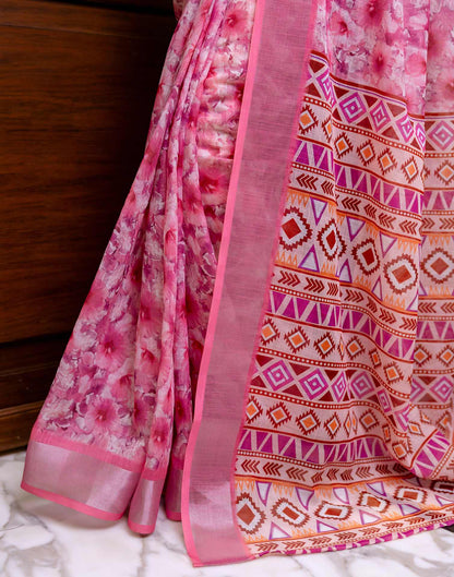Ready To Wear Pink Linen Woven Border Printed Saree