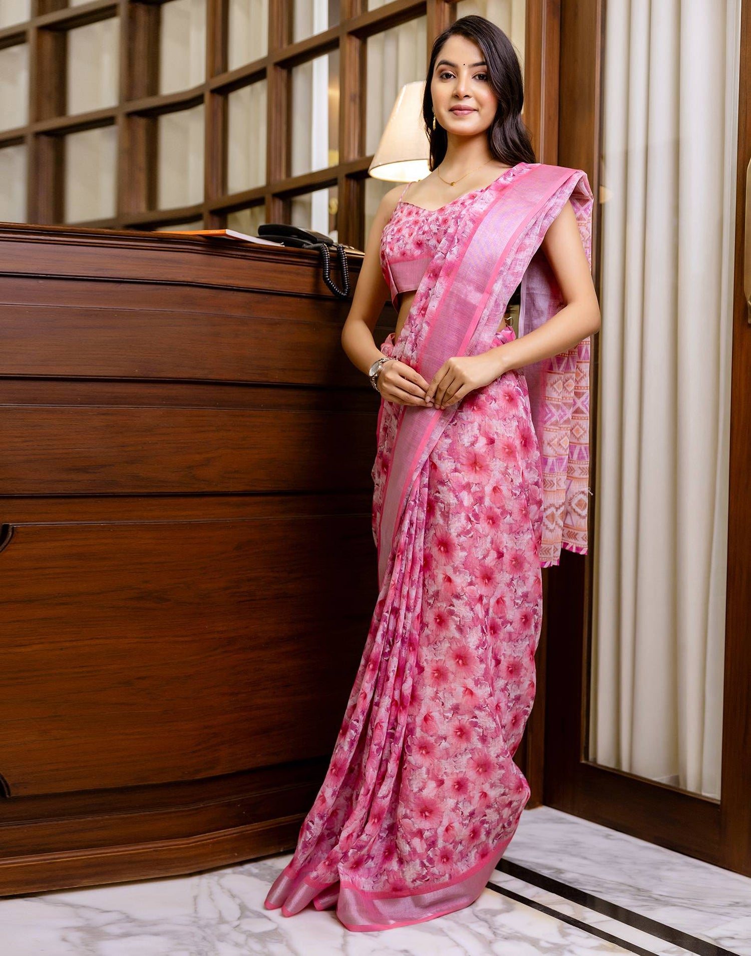 Ready To Wear Pink Linen Woven Border Printed Saree