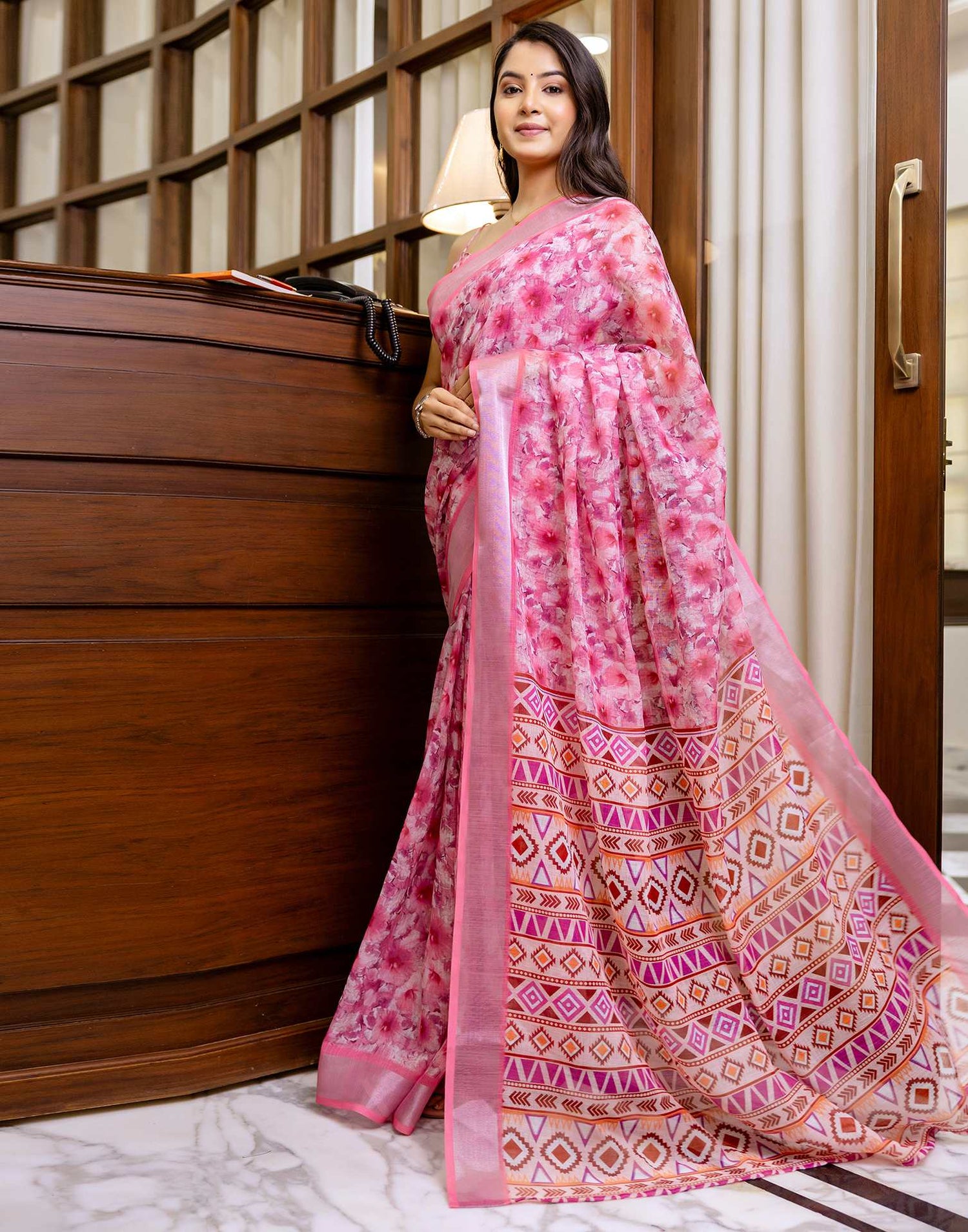 Ready To Wear Pink Linen Woven Border Printed Saree