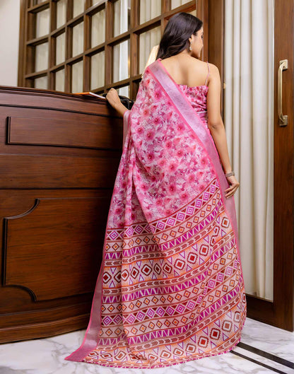 Ready To Wear Pink Linen Woven Border Printed Saree