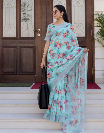 Ready To Wear Sky Blue Linen Woven Border Floral Printed Saree