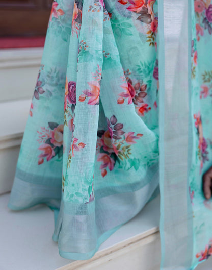 Ready To Wear Sky Blue Linen Woven Border Floral Printed Saree