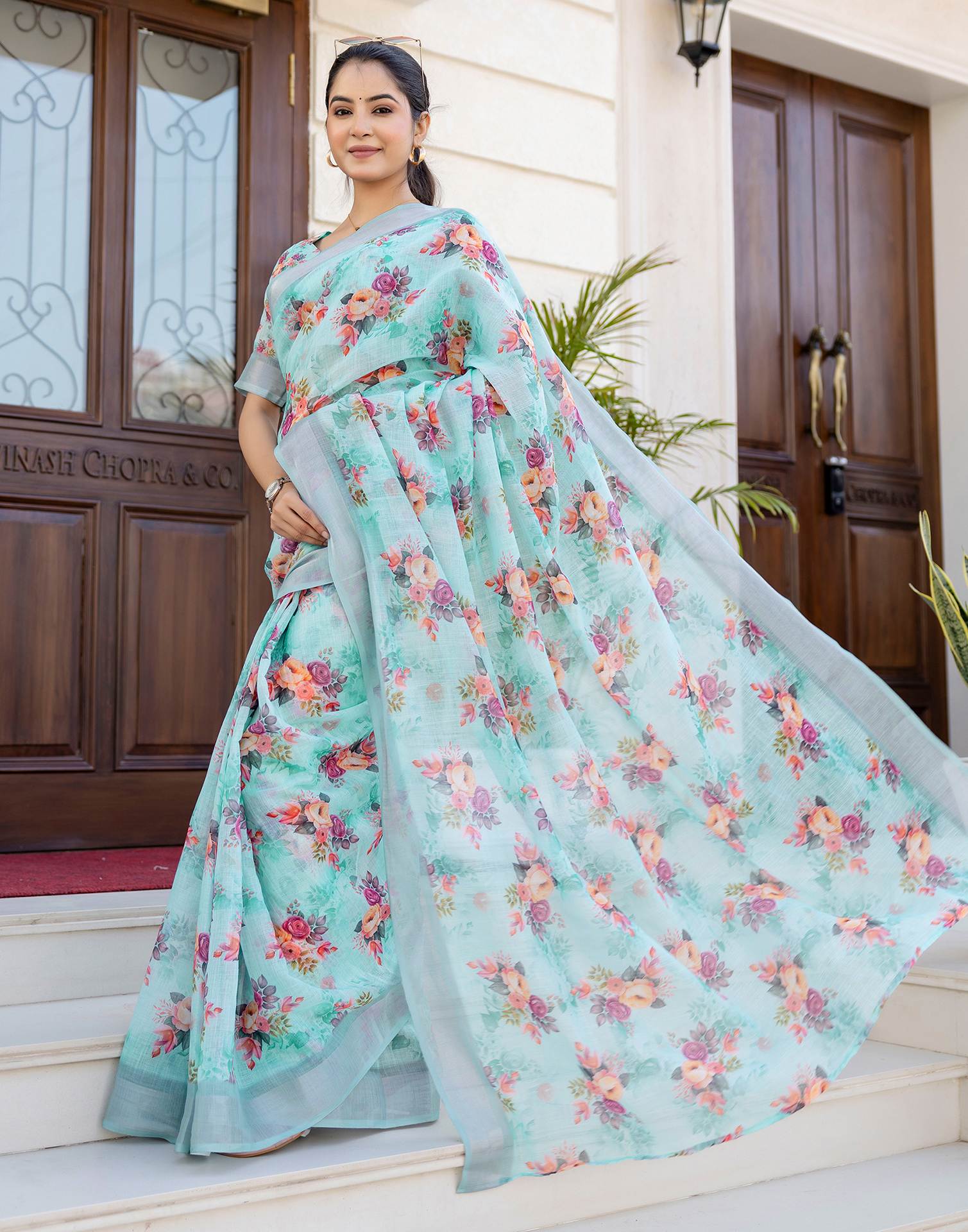 Ready To Wear Sky Blue Linen Woven Border Floral Printed Saree