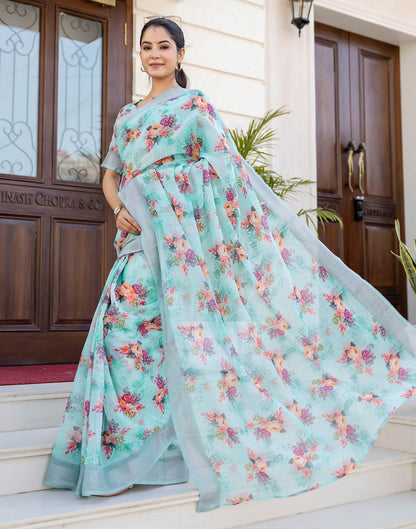 Ready To Wear Sky Blue Linen Woven Border Floral Printed Saree
