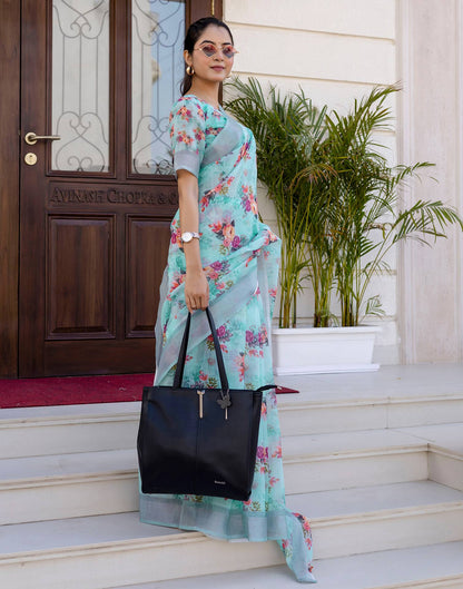 Ready To Wear Sky Blue Linen Woven Border Floral Printed Saree