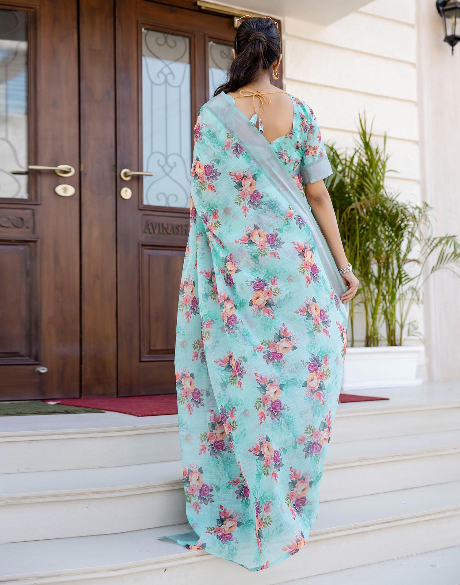 Ready To Wear Sky Blue Linen Woven Border Floral Printed Saree