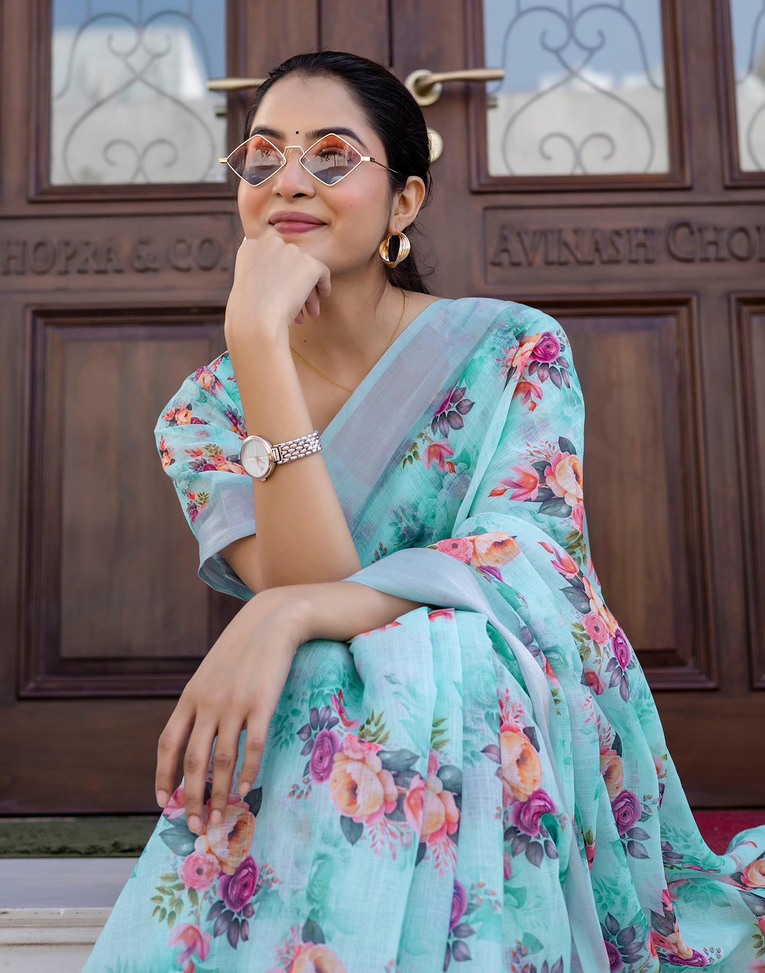 Ready To Wear Sky Blue Linen Woven Border Floral Printed Saree