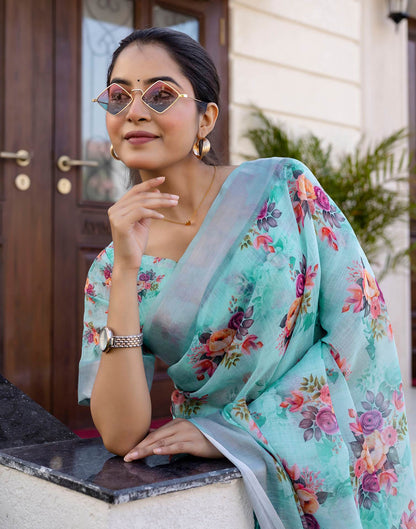 Ready To Wear Sky Blue Linen Woven Border Floral Printed Saree