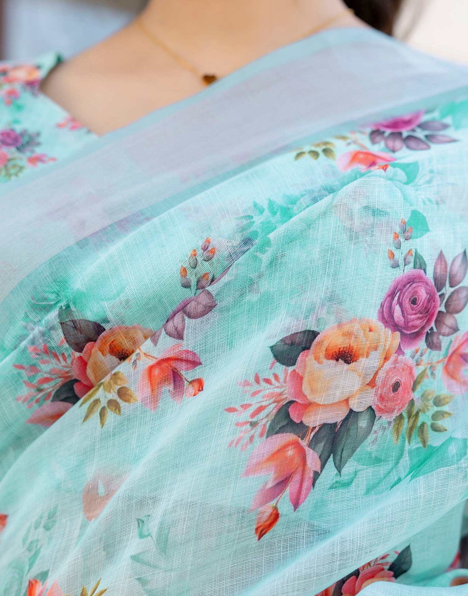 Ready To Wear Sky Blue Linen Woven Border Floral Printed Saree
