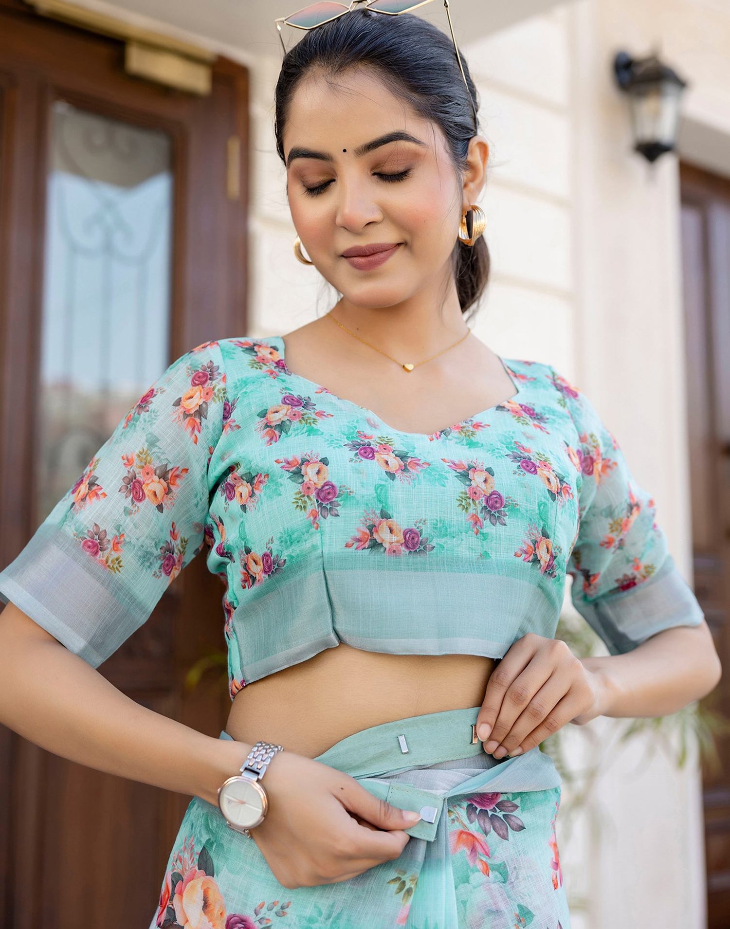 Ready To Wear Sky Blue Linen Woven Border Floral Printed Saree