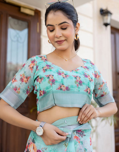 Ready To Wear Sky Blue Linen Woven Border Floral Printed Saree