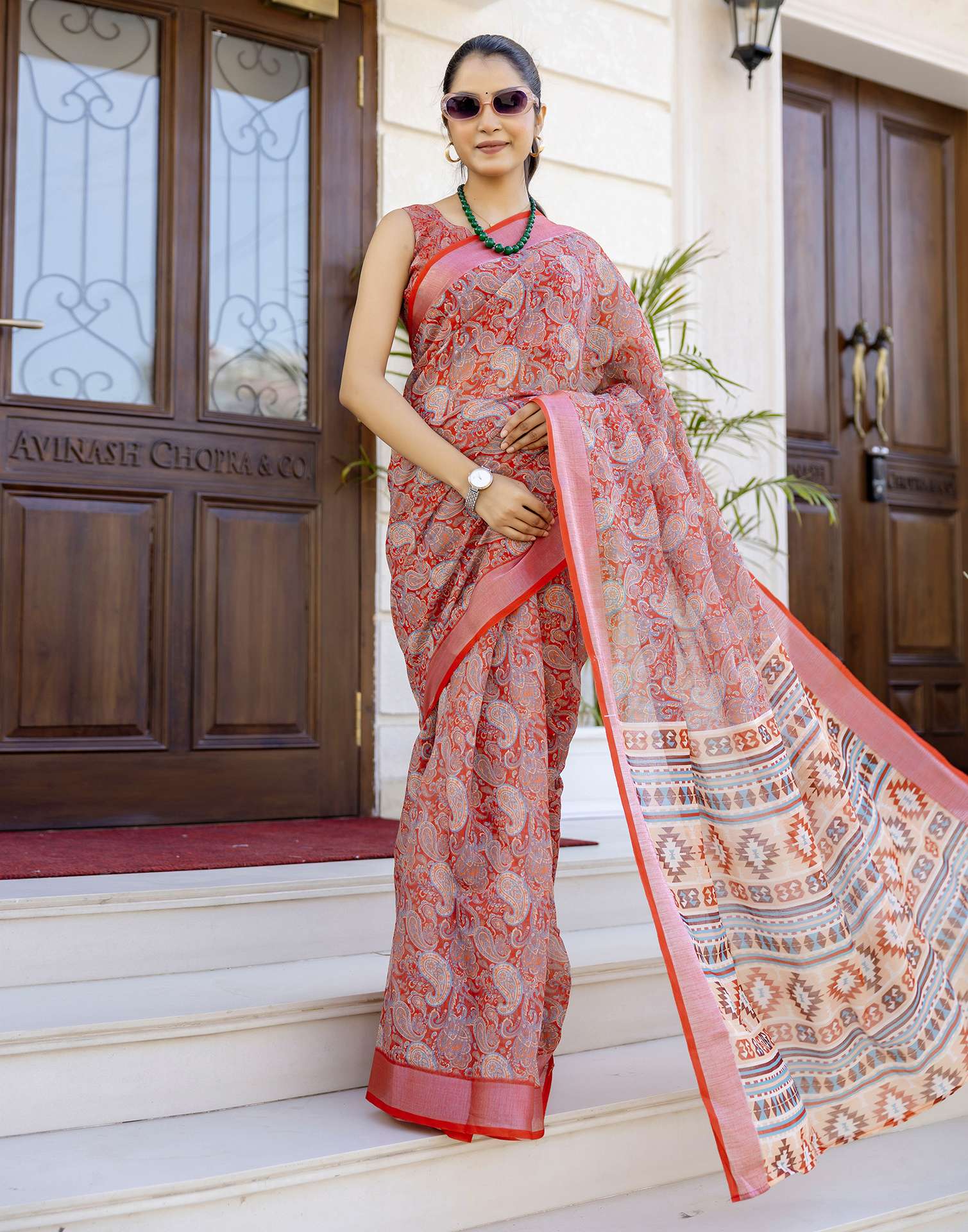 Ready To Wear Red Linen Woven Border Printed Saree