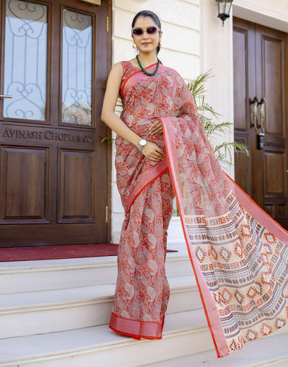 Ready To Wear Red Linen Woven Border Printed Saree
