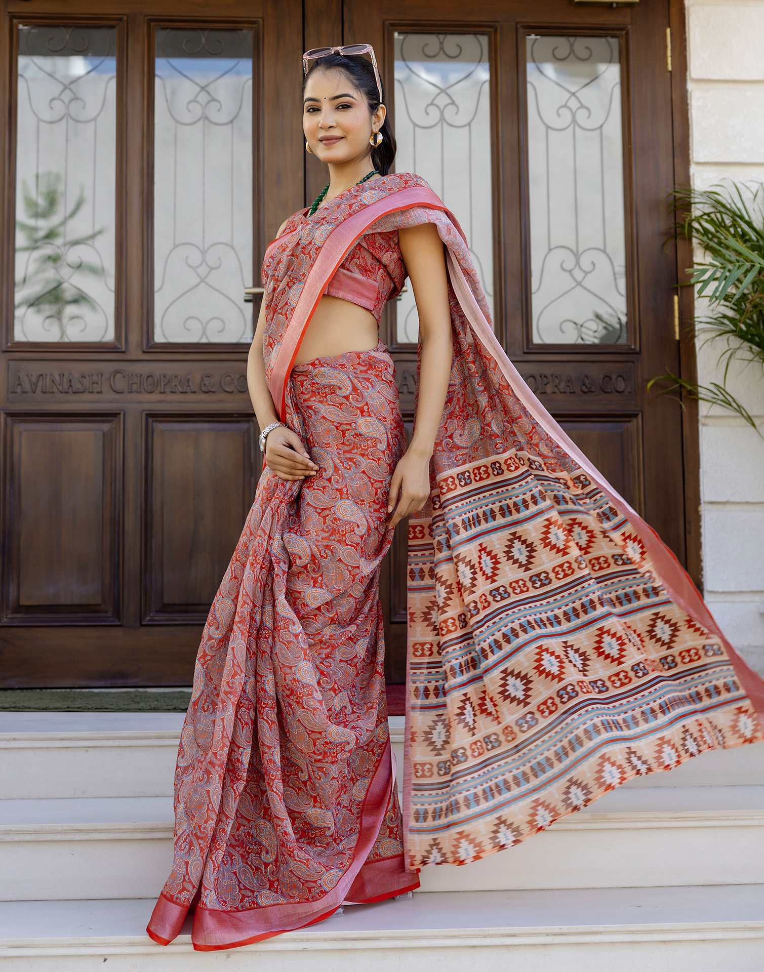 Ready To Wear Red Linen Woven Border Printed Saree