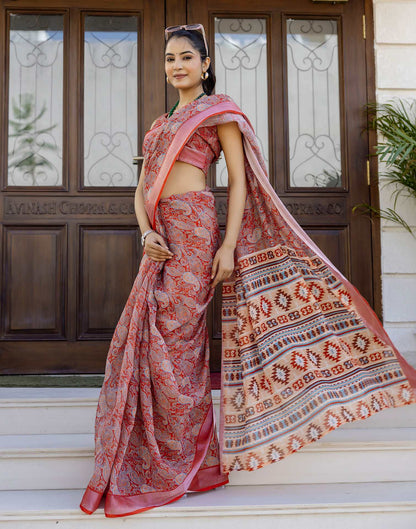Ready To Wear Red Linen Woven Border Printed Saree