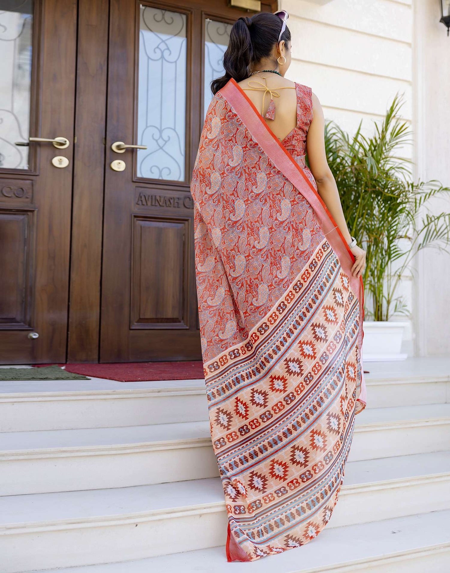 Ready To Wear Red Linen Woven Border Printed Saree