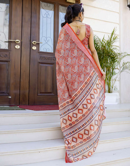 Ready To Wear Red Linen Woven Border Printed Saree