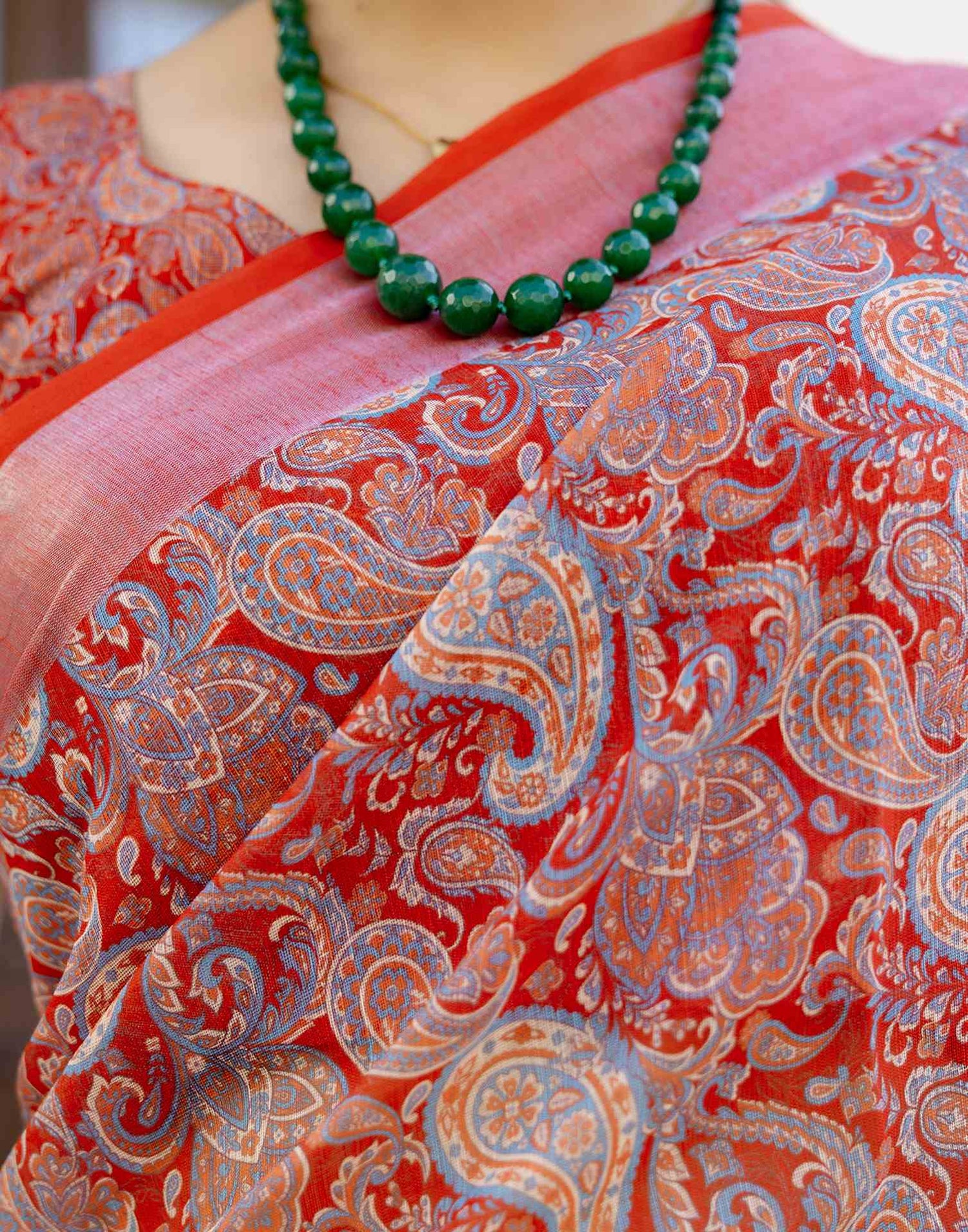 Ready To Wear Red Linen Woven Border Printed Saree