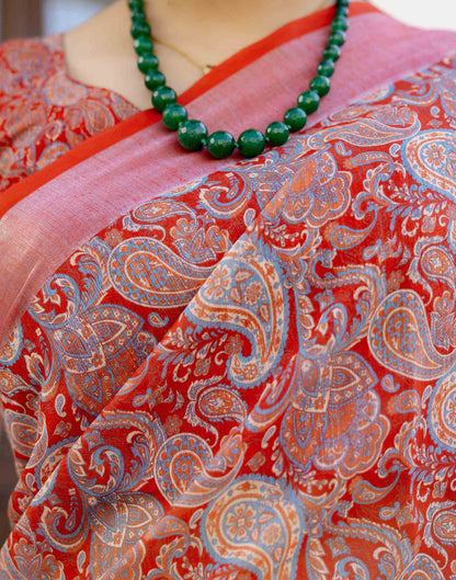 Ready To Wear Red Linen Woven Border Printed Saree