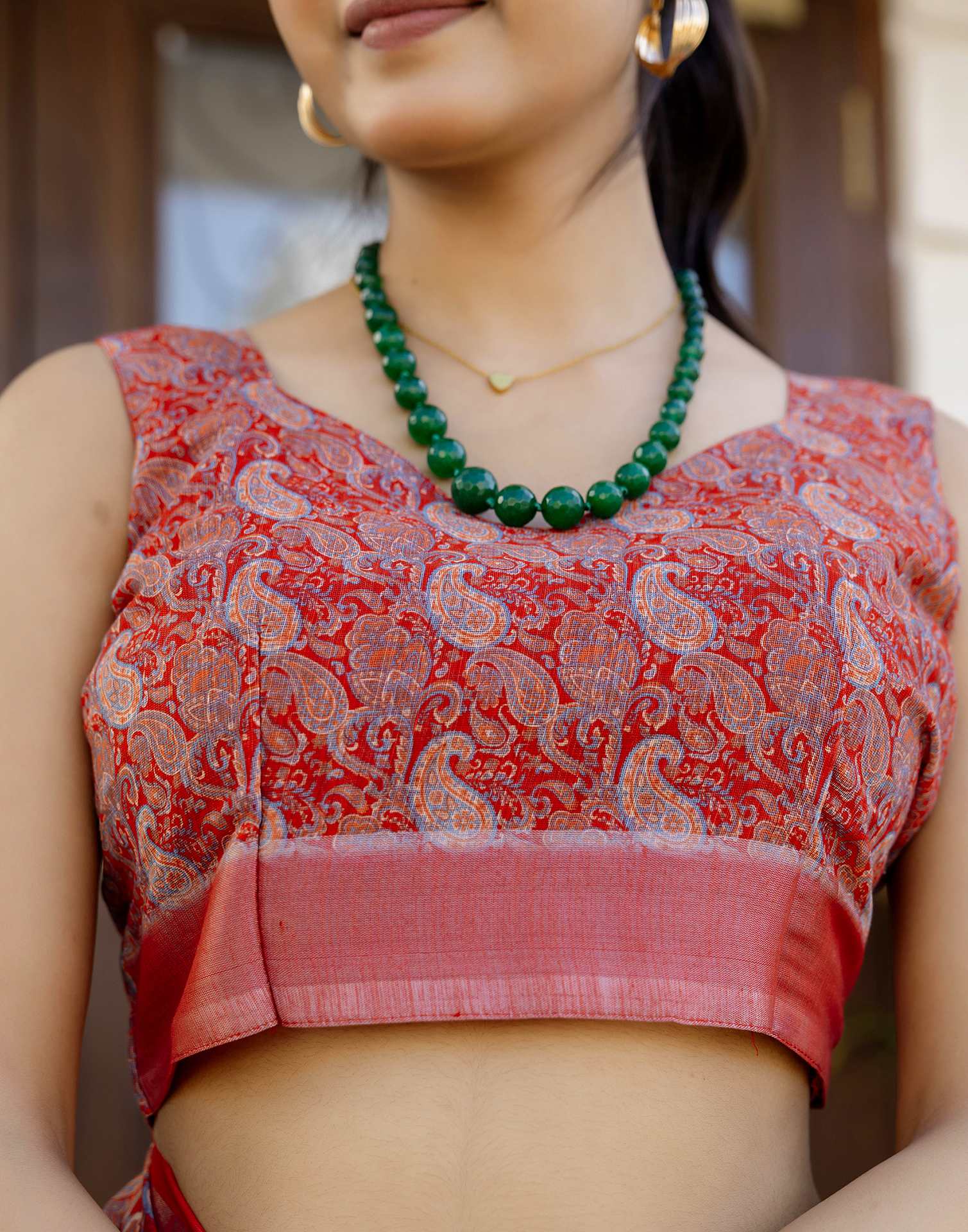 Ready To Wear Red Linen Woven Border Printed Saree
