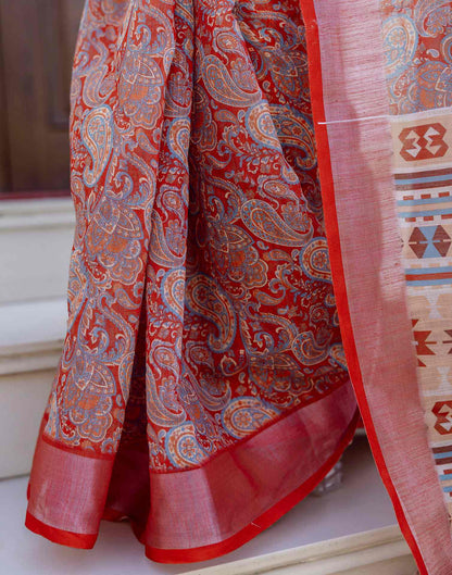 Ready To Wear Red Linen Woven Border Printed Saree