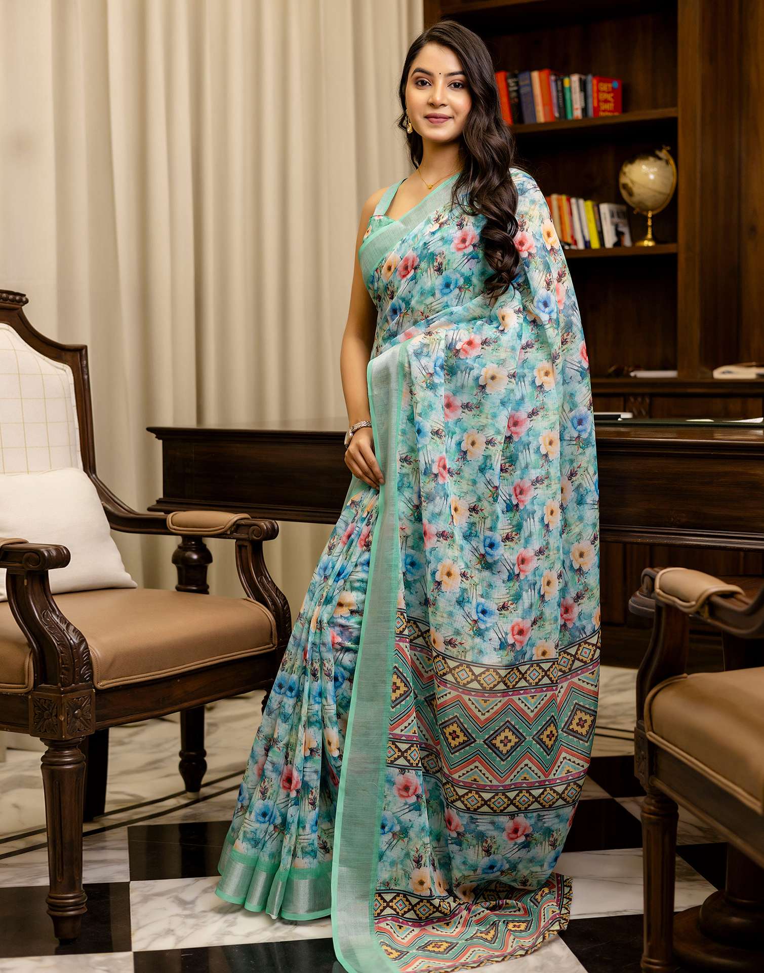 Ready To Wear Teal Green Linen Woven Border Printed Saree