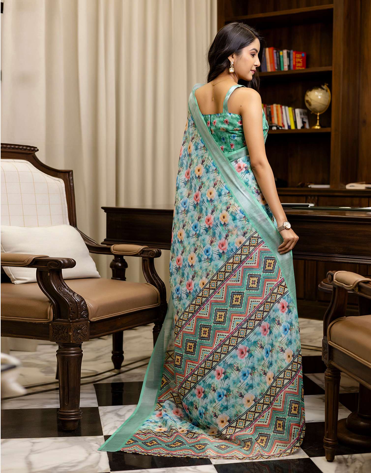 Ready To Wear Teal Green Linen Woven Border Printed Saree