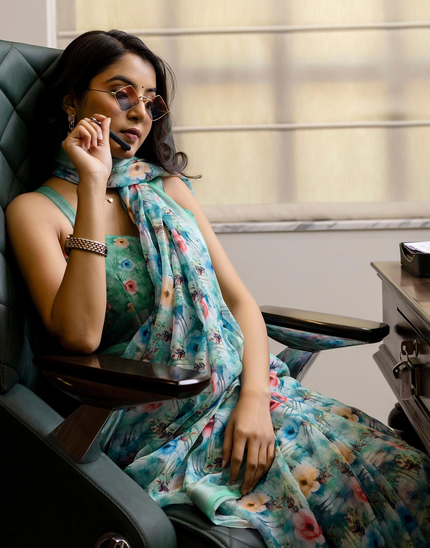 Ready To Wear Teal Green Linen Woven Border Printed Saree
