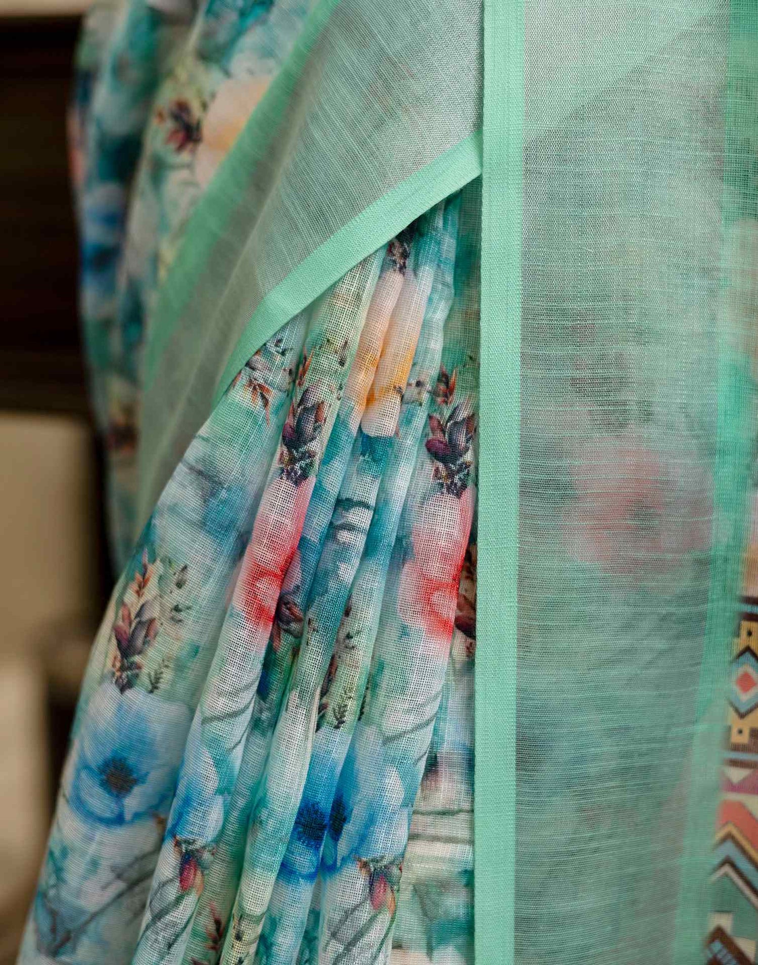 Ready To Wear Teal Green Linen Woven Border Printed Saree