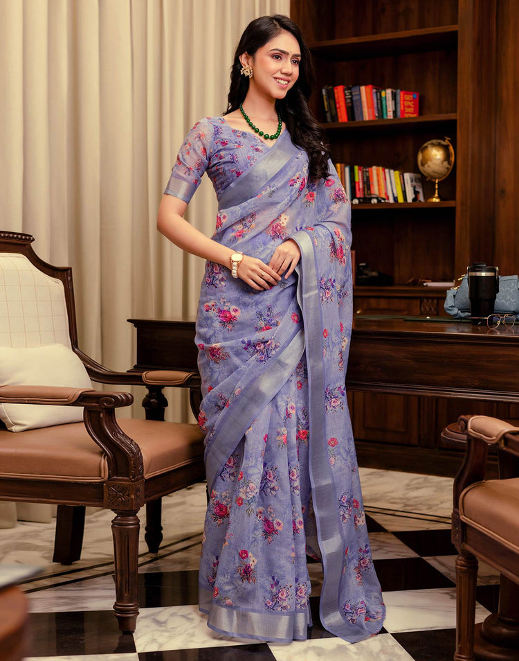 Ready To Wear Lavender Linen Woven Border Floral Printed Saree