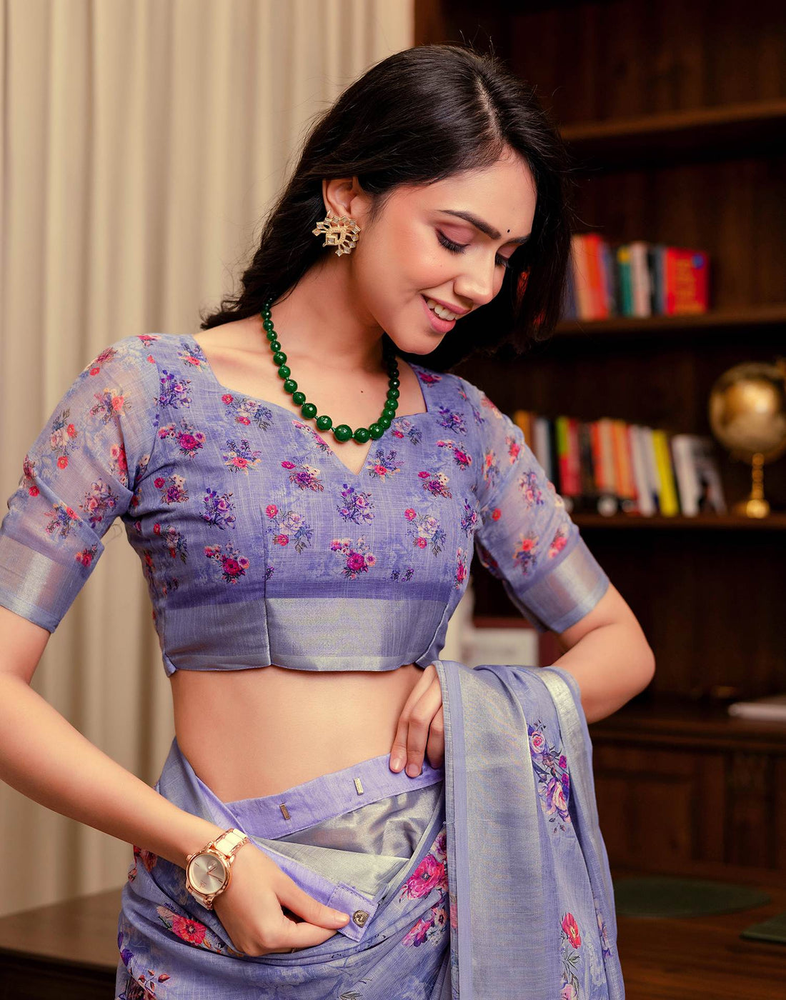 Ready To Wear Lavender Linen Woven Border Floral Printed Saree