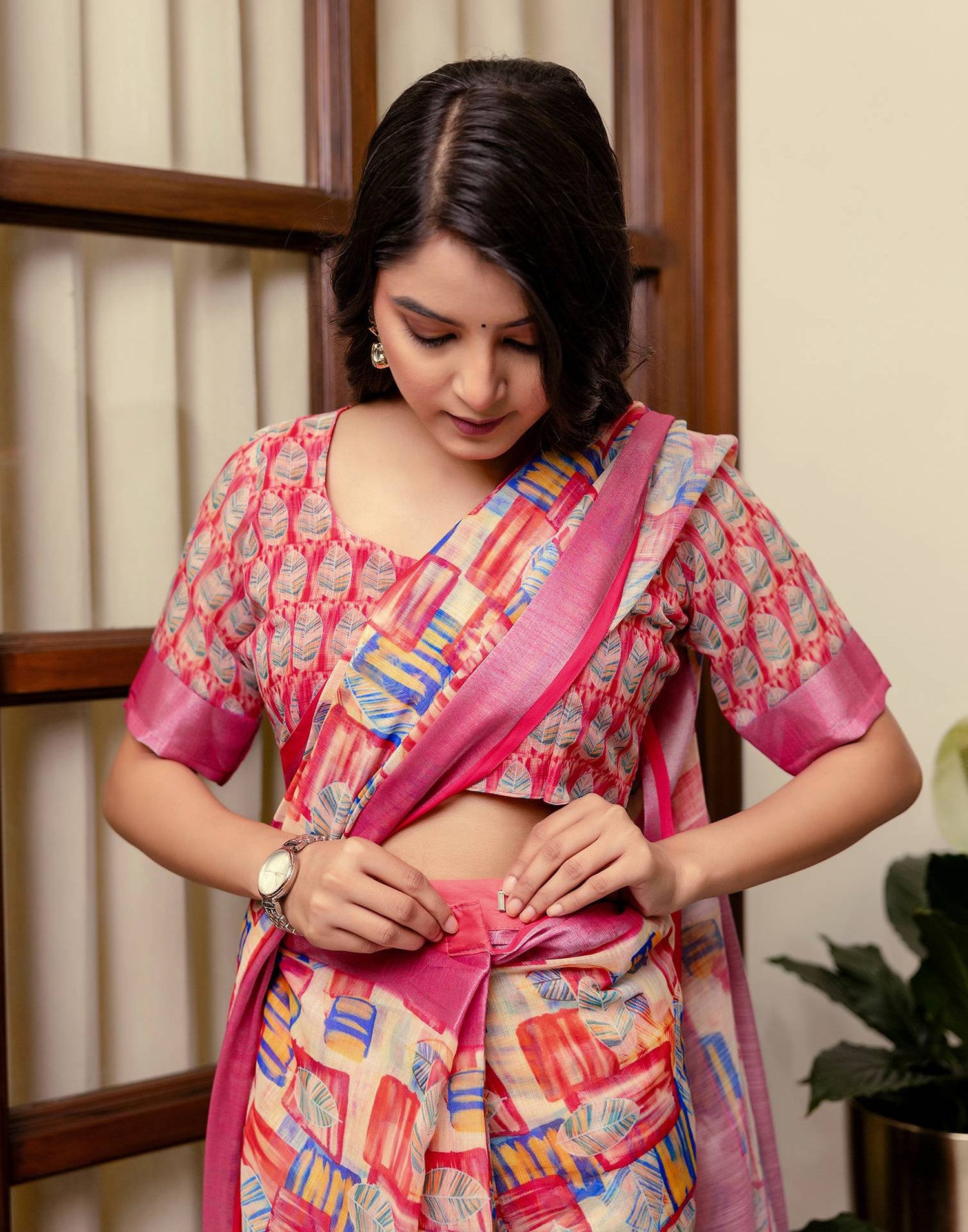 Ready To Wear Dark Pink Linen Woven Border Printed Saree