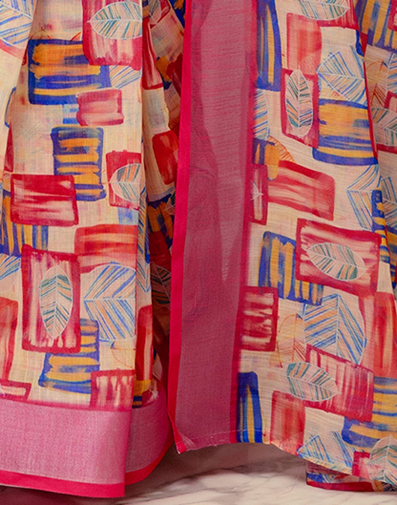 Ready To Wear Dark Pink Linen Woven Border Printed Saree