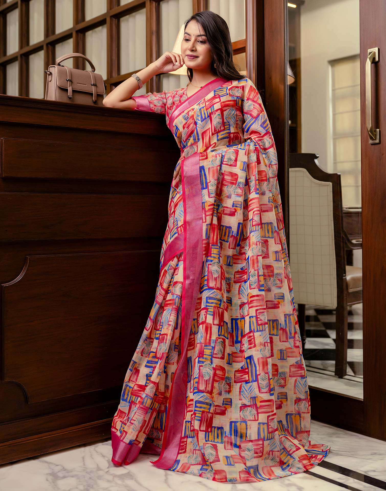 Ready To Wear Dark Pink Linen Woven Border Printed Saree