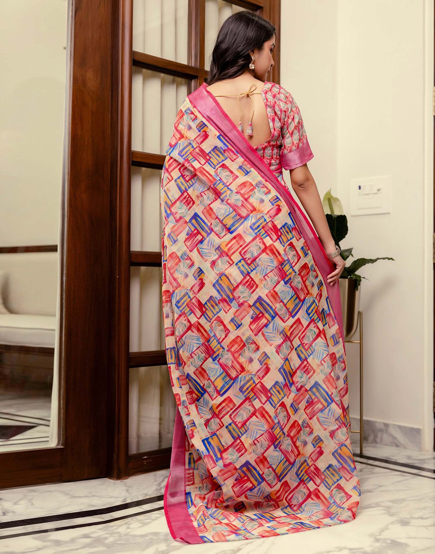 Ready To Wear Dark Pink Linen Woven Border Printed Saree