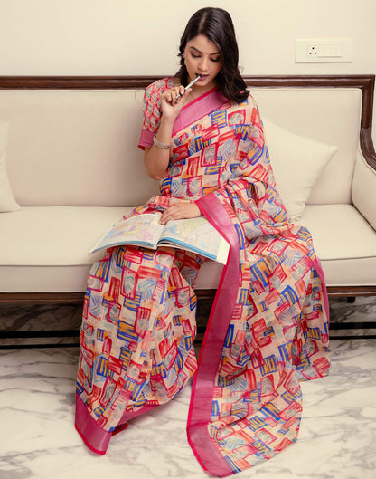 Ready To Wear Dark Pink Linen Woven Border Printed Saree