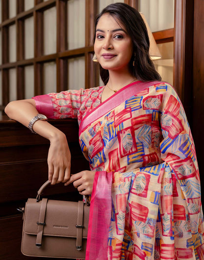 Ready To Wear Dark Pink Linen Woven Border Printed Saree