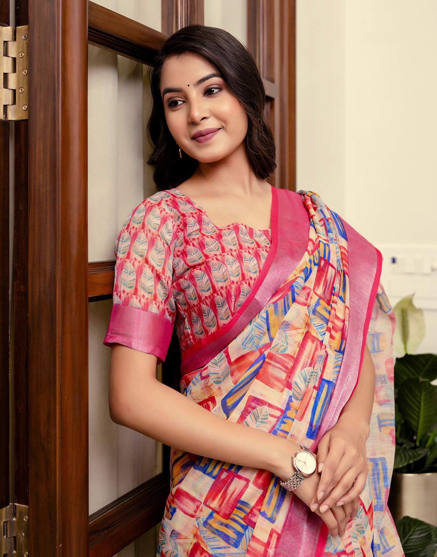 Ready To Wear Dark Pink Linen Woven Border Printed Saree