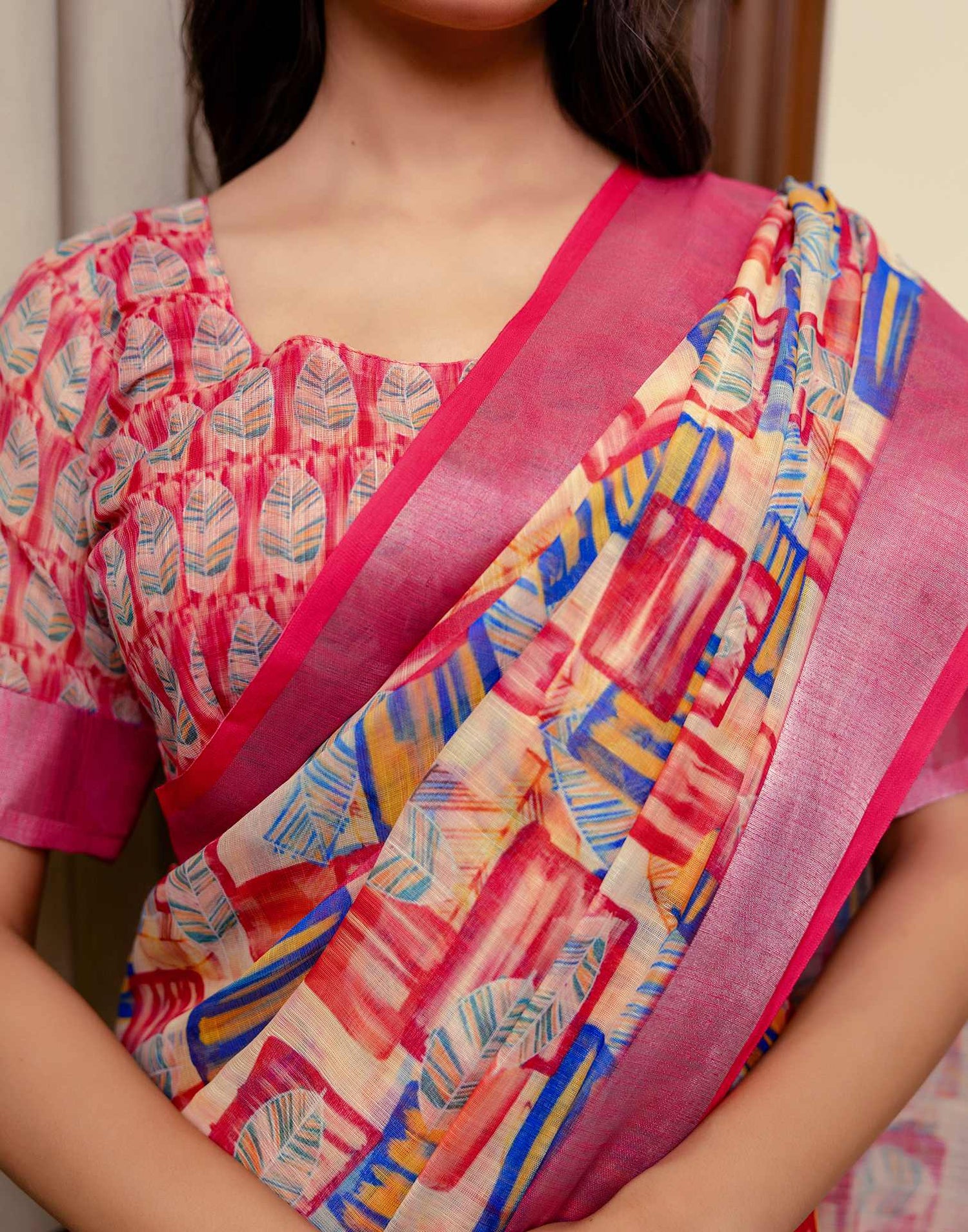 Ready To Wear Dark Pink Linen Woven Border Printed Saree