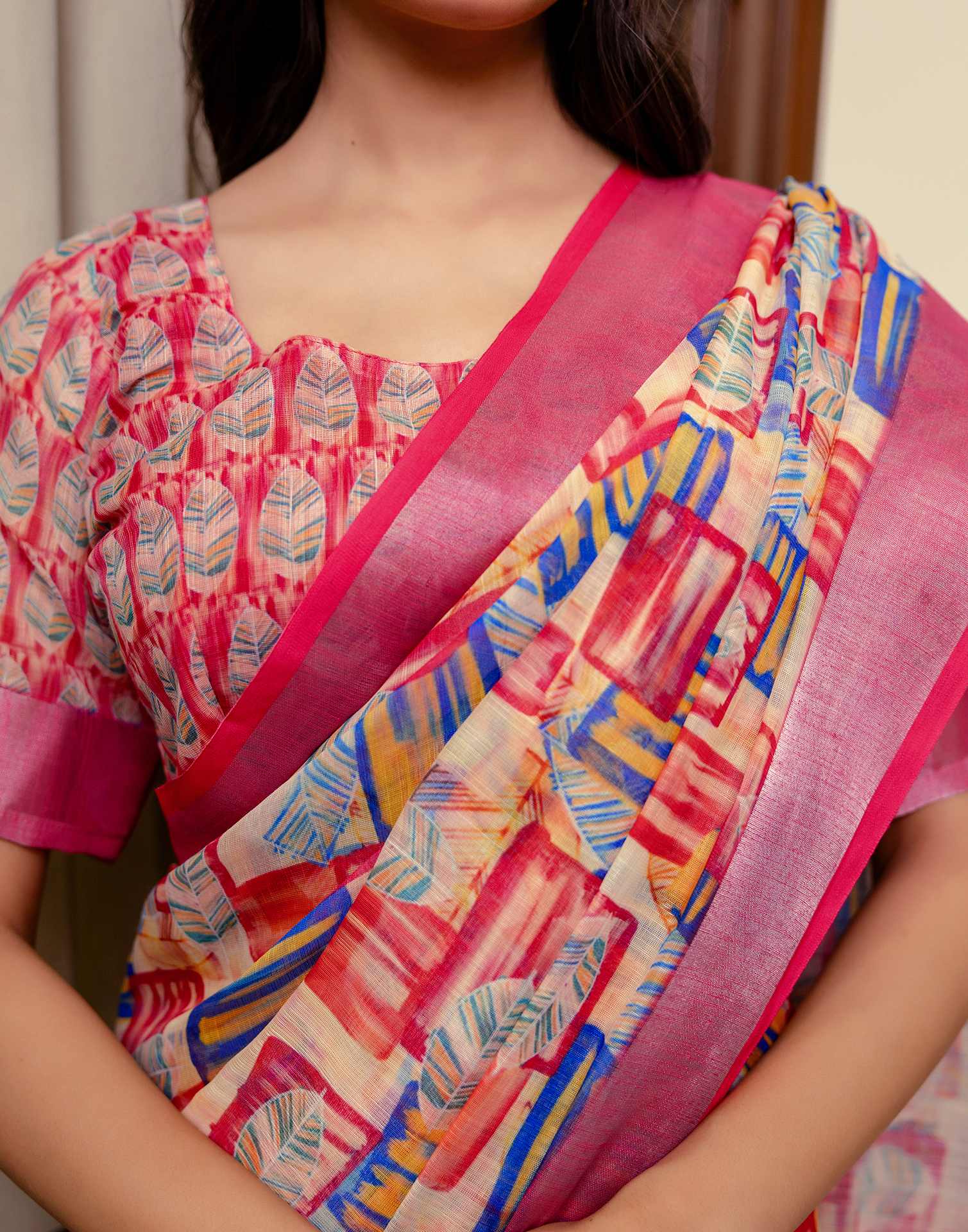 Ready To Wear Dark Pink Linen Woven Border Printed Saree