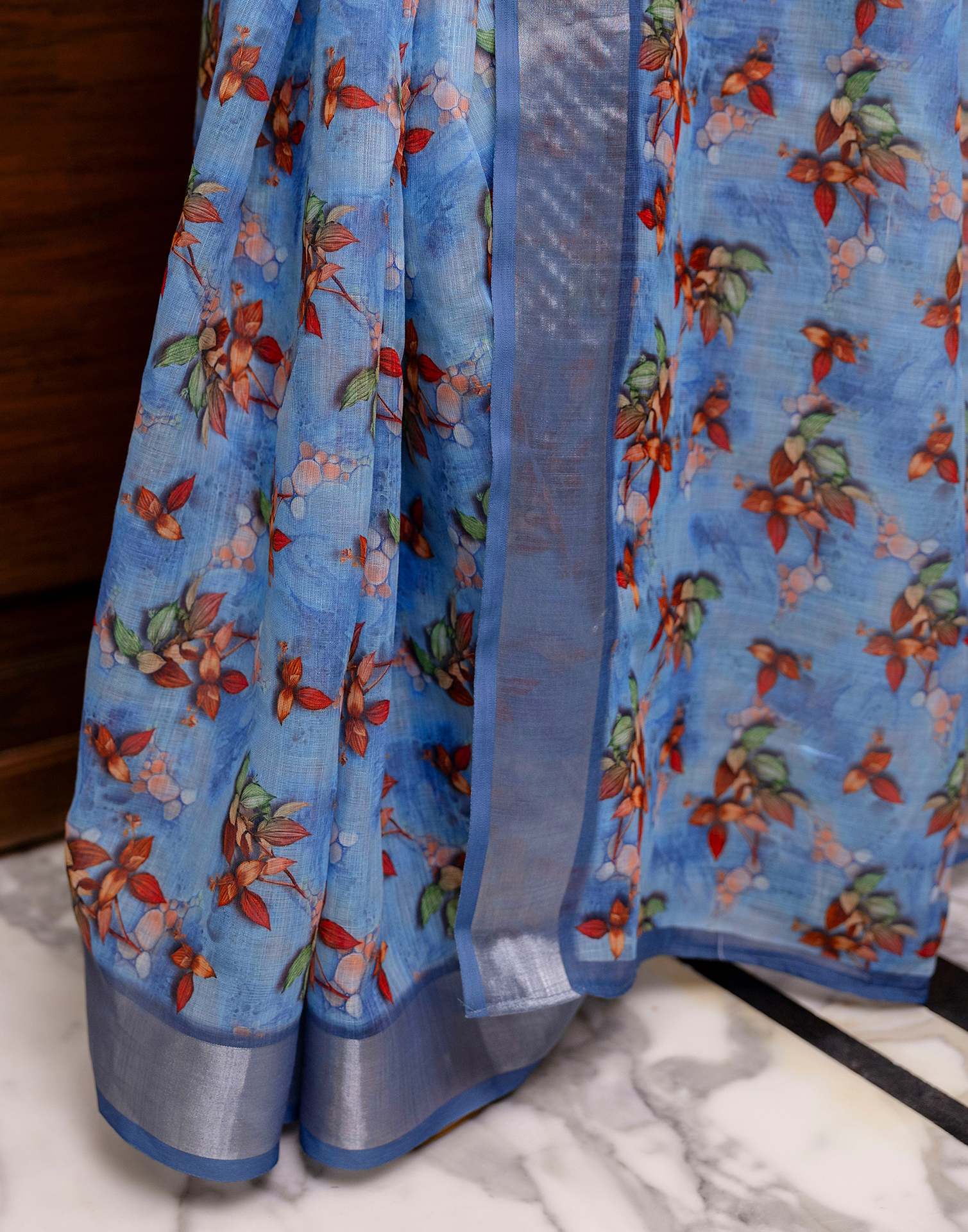 Ready To Wear Blue Linen Woven Border Printed Saree