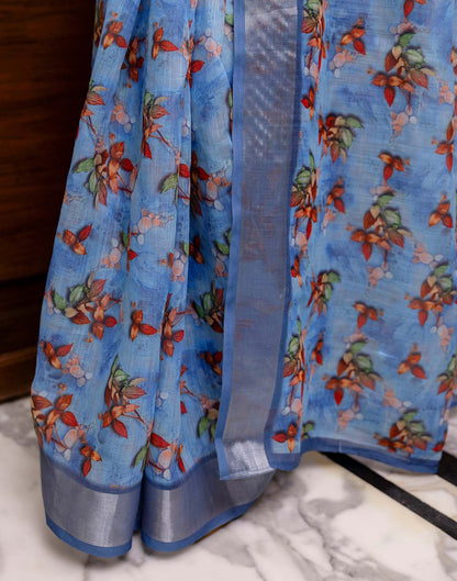 Ready To Wear Blue Linen Woven Border Printed Saree