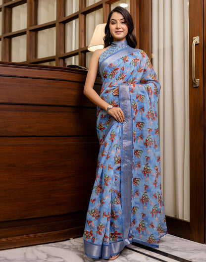 Ready To Wear Blue Linen Woven Border Printed Saree