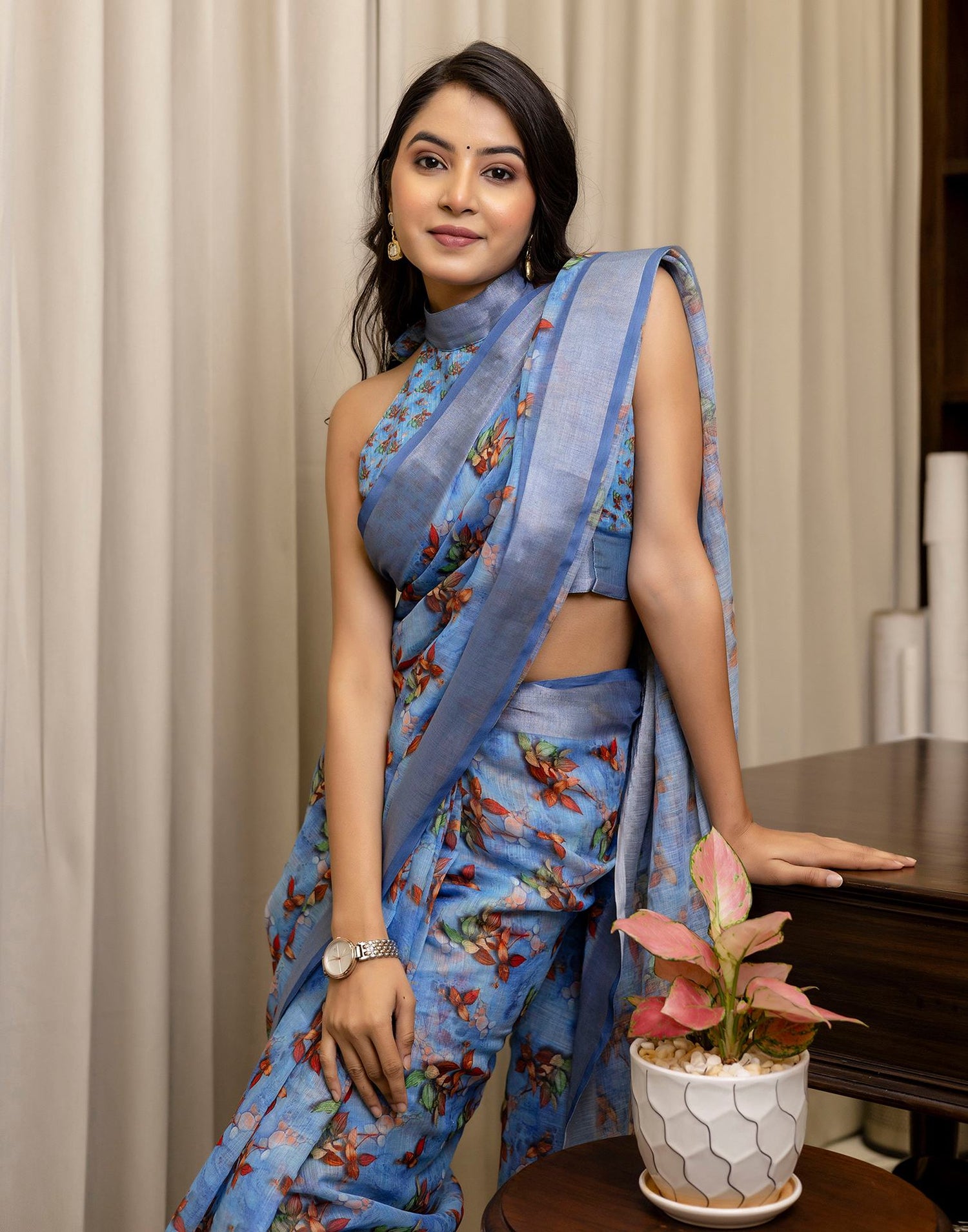 Ready To Wear Blue Linen Woven Border Printed Saree