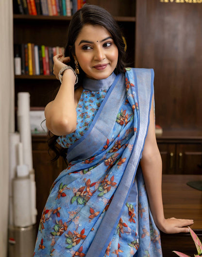 Ready To Wear Blue Linen Woven Border Printed Saree
