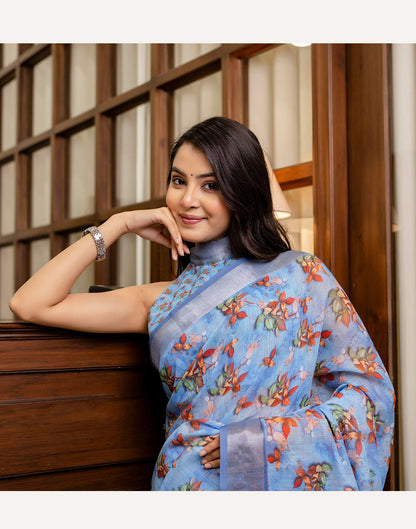 Ready To Wear Blue Linen Woven Border Printed Saree