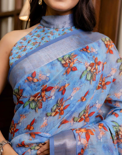 Ready To Wear Blue Linen Woven Border Printed Saree